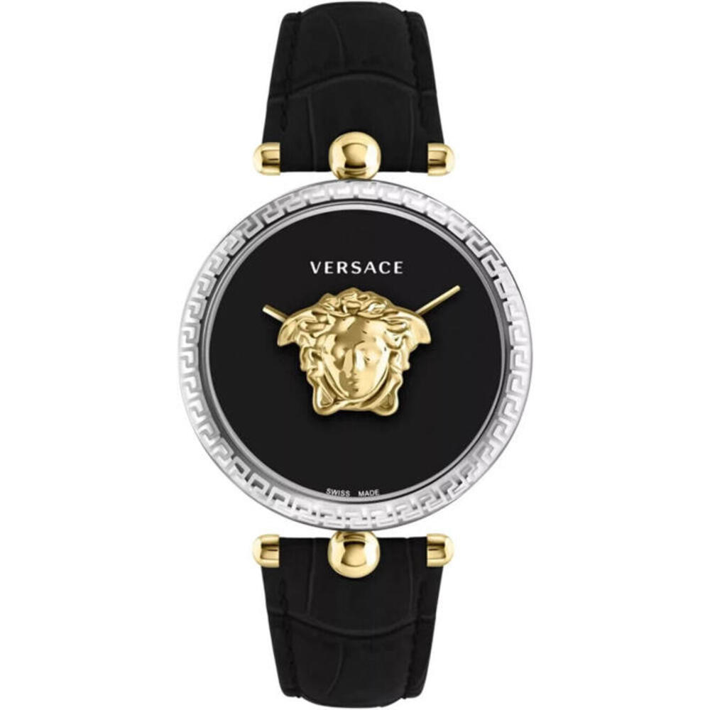 Versace Women's VECO00422 Palazzo Empire Swiss Gold IP Black Leather 39mm Watch
